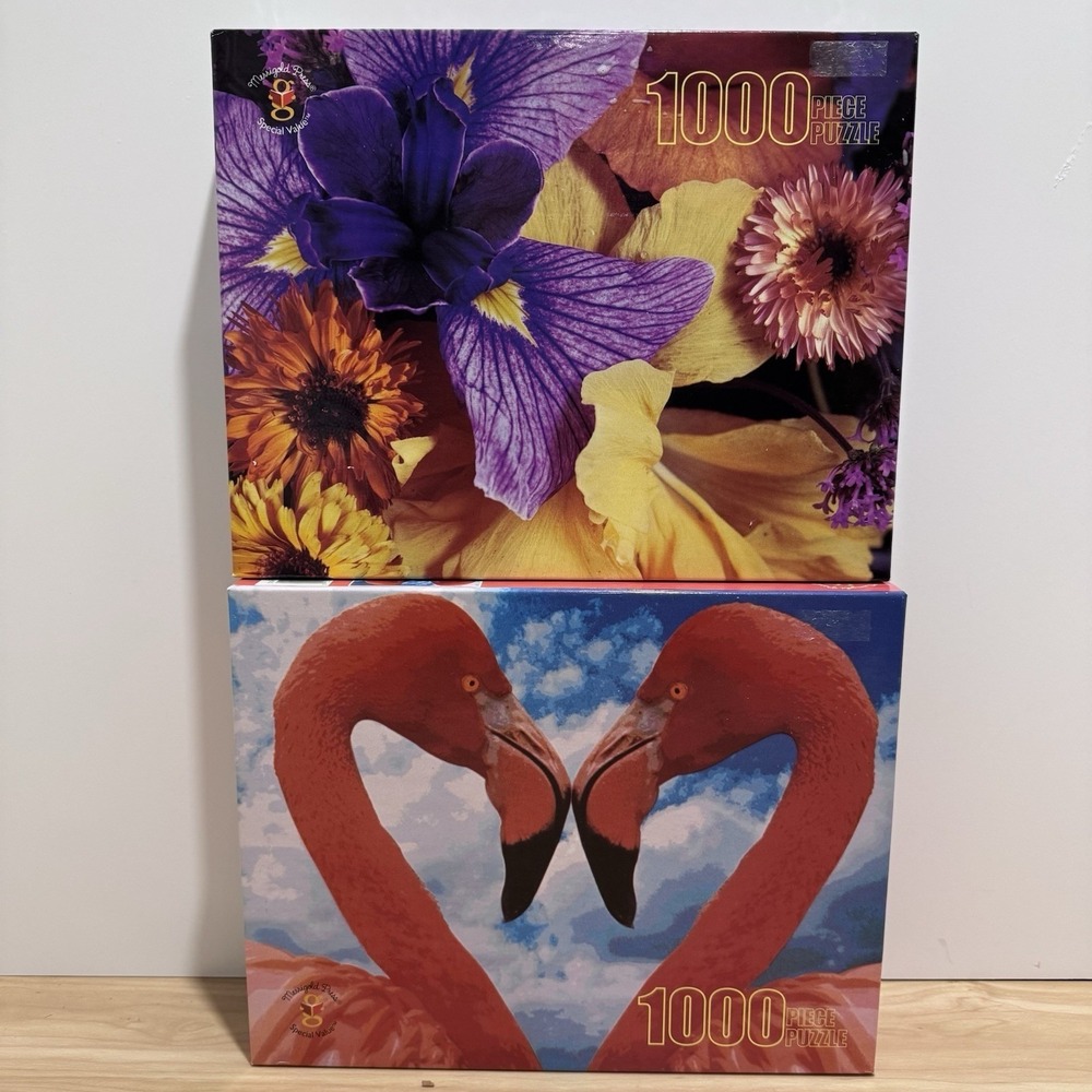 VTG 1000 Piece Puzzle Lot MIXED FLOWERS & FLAMINGO VALENTINE Marigold Press 1998